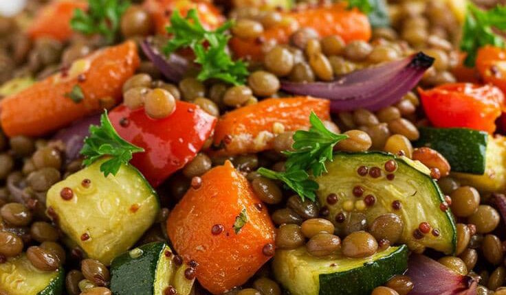 Salada colorida com lentilhas, vegetais assados ​​e ervas frescas em uma tigela branca.