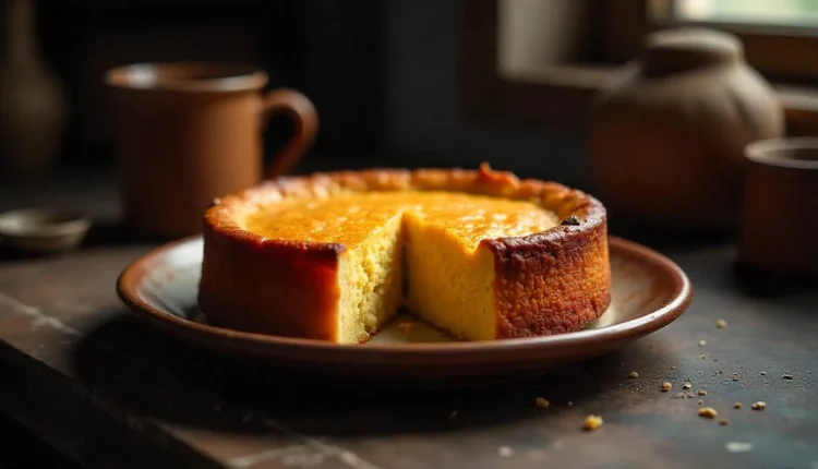 Bolo de fubá cremoso servido em um prato rústico com café ao fundo