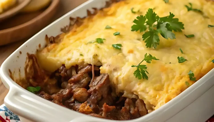 Purê de aipim com carne de sol, gratinado com queijo, servido em uma travessa com decoração de folhas de coentro.