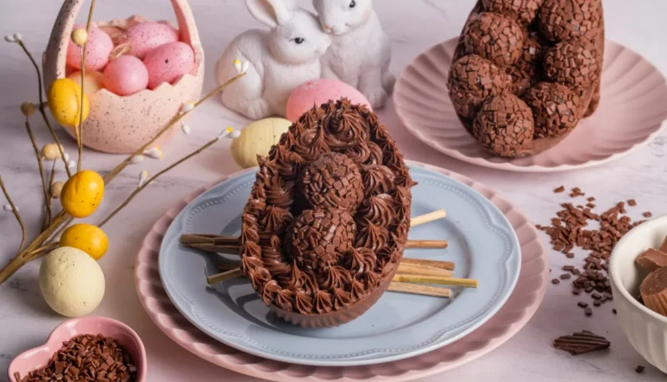 Ovo de Páscoa decorado com chocolate e confeitos, acompanhado de coelhos e ovos coloridos