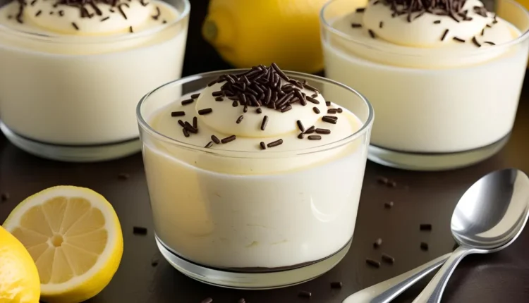 Sobremesa no copinho com chocolate granulado e limão, ideal para festas e jantares informais.