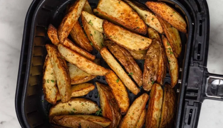 Batatas fritas crocantes e douradas preparadas na air fryer, com tempero e ervas.