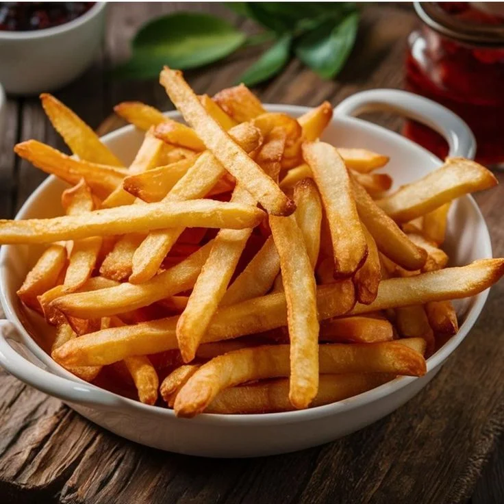 Batatas fritas crocantes e douradas Porção de batatas fritas crocantes e douradas em uma tigela branca.