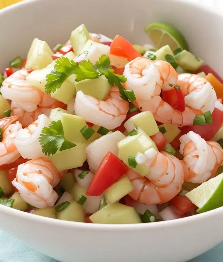 Ceviche de camarão colorido com pepino, tomate e ervas frescas Tigela de ceviche de camarão com vegetais frescos e limão