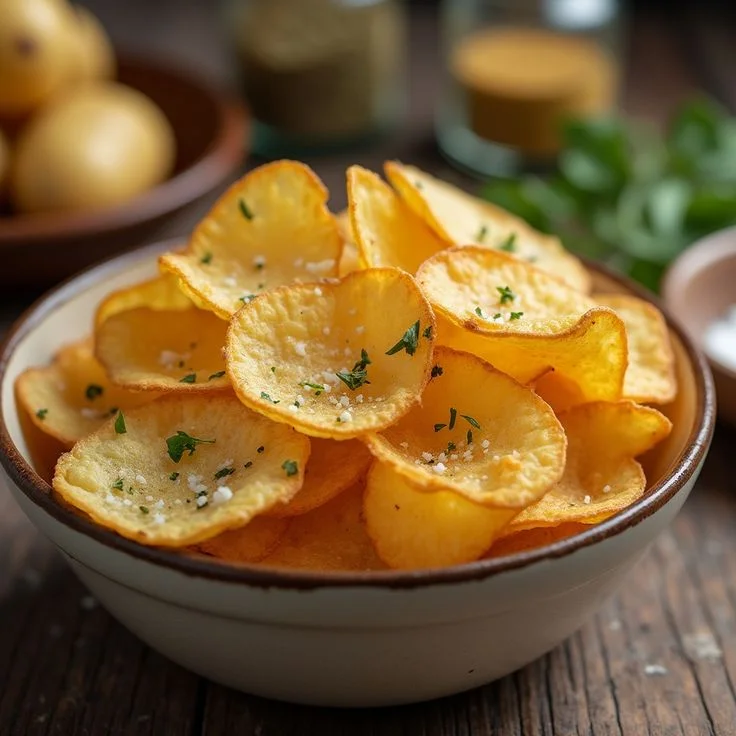 Chips de batata caseiros Chips de batata crocantes e frescos com temperos e ervas.