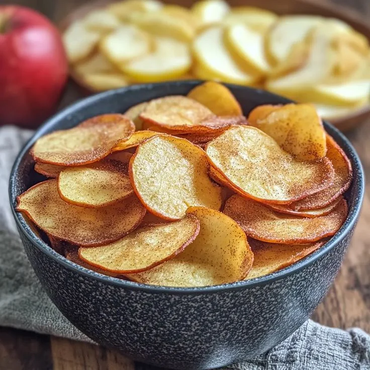Chips de maçã crocantes e finos em uma tigela com um toque de canela. Chips de maçã crocantes e finos em uma tigela com um toque de canela.