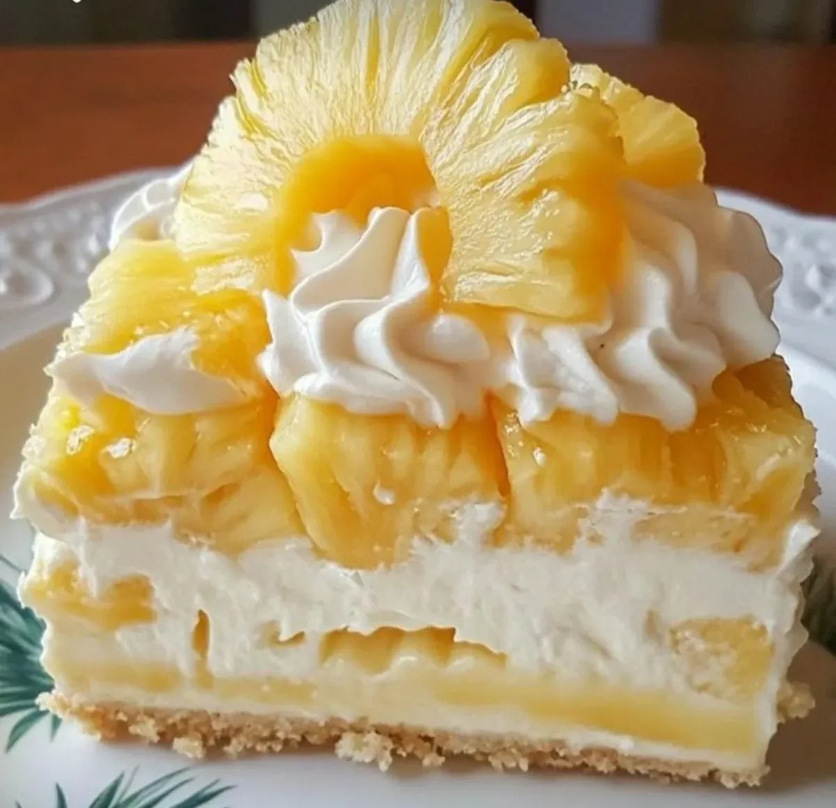 Fatia de Doce de Abacaxi Deliciosa fatia de doce gelado de abacaxi com camadas de creme e abacaxi fresco, perfeita para sobremesas.
