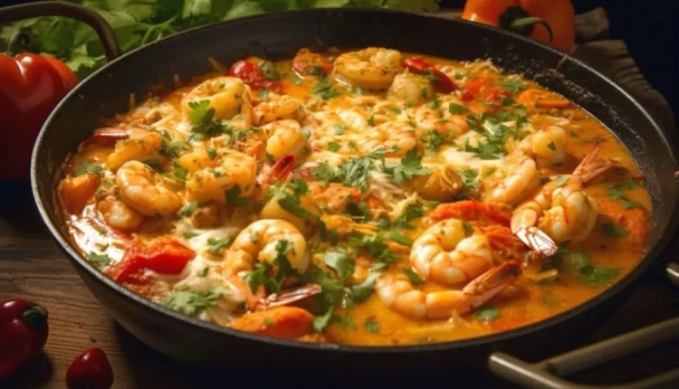 Moqueca de camarão em panela com ervas e pimentas ao redor