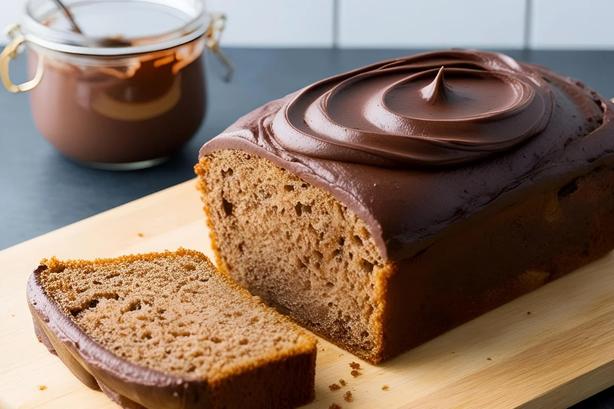 Pão de melado vegano Pão de melado vegano com cobertura de chocolate, mostrando sua textura macia.