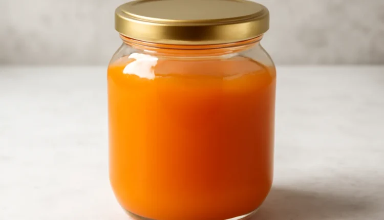 Xarope caseiro de cenoura em pote de vidro com tampa dourada.