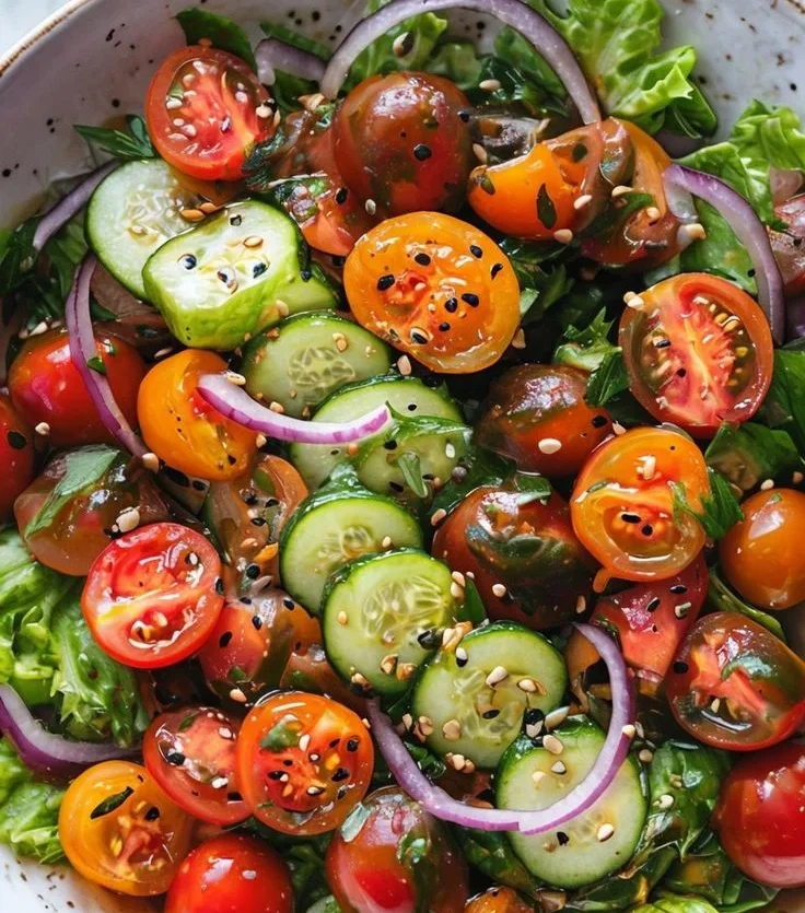 Salada Colorida: Uma opção fresca e nutritiva Salada colorida com tomates, pepino, cebola roxa e sementes de gergelim, uma opção fresca e saudável