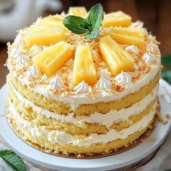 Bolo Tropical de Abacaxi e Coco com Chantilly Decorado Bolo tropical de abacaxi e coco com chantilly, decorado com fatias de abacaxi, coco tostado e folhas de hortelã.
