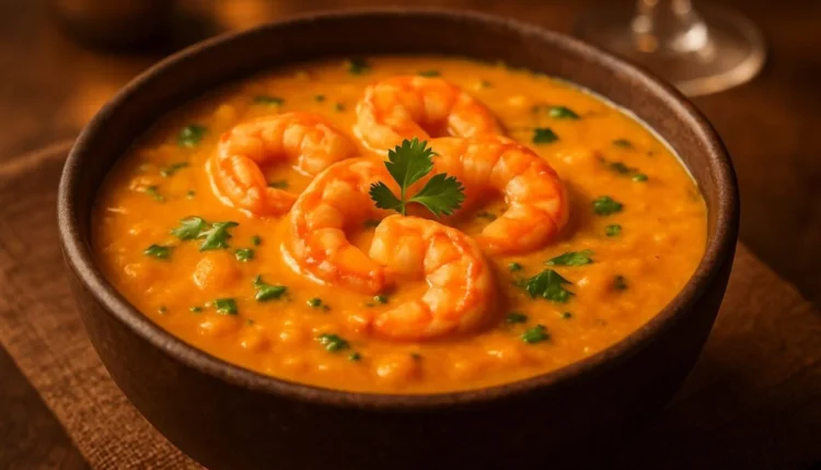 Bobó de camarão cremoso com coentro fresco servido em uma tigela de barro.