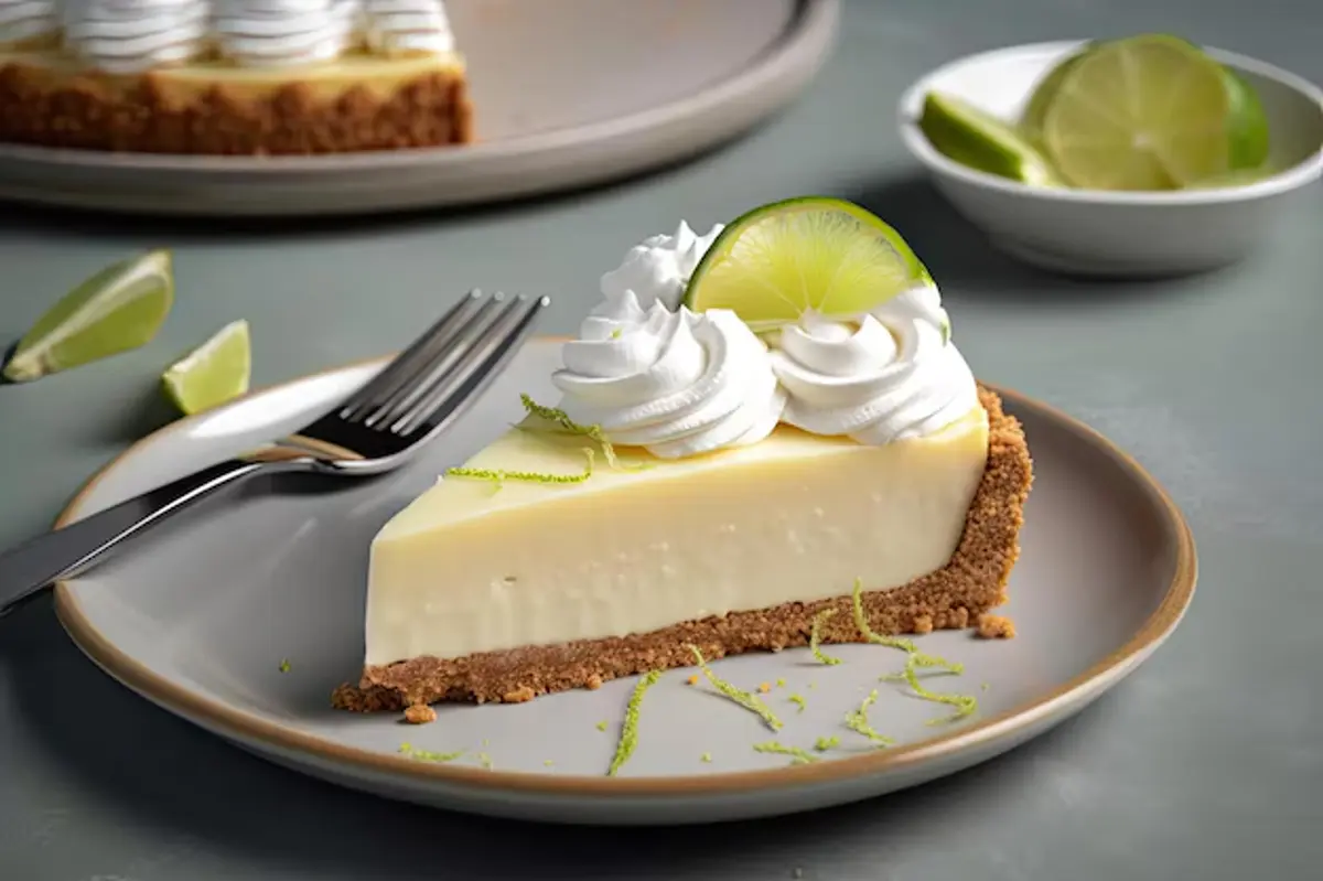 Uma fatia deliciosa de torta de limão com cobertura cremosa, chantilly e decoração de lima.
